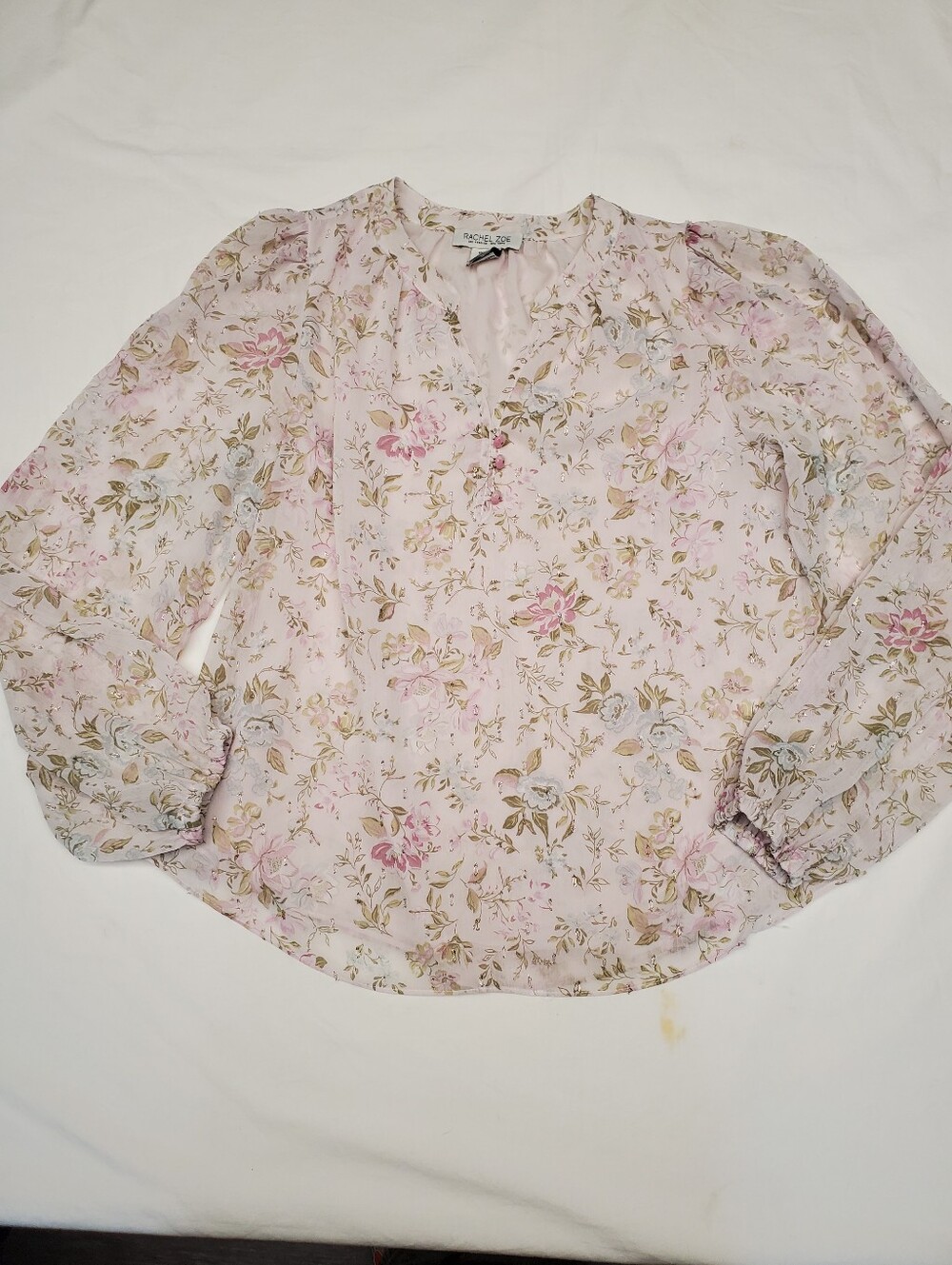 Rachel Zoe Pink Floral Metallic Chiffon Blouse Long Sleeve V-Neck Small